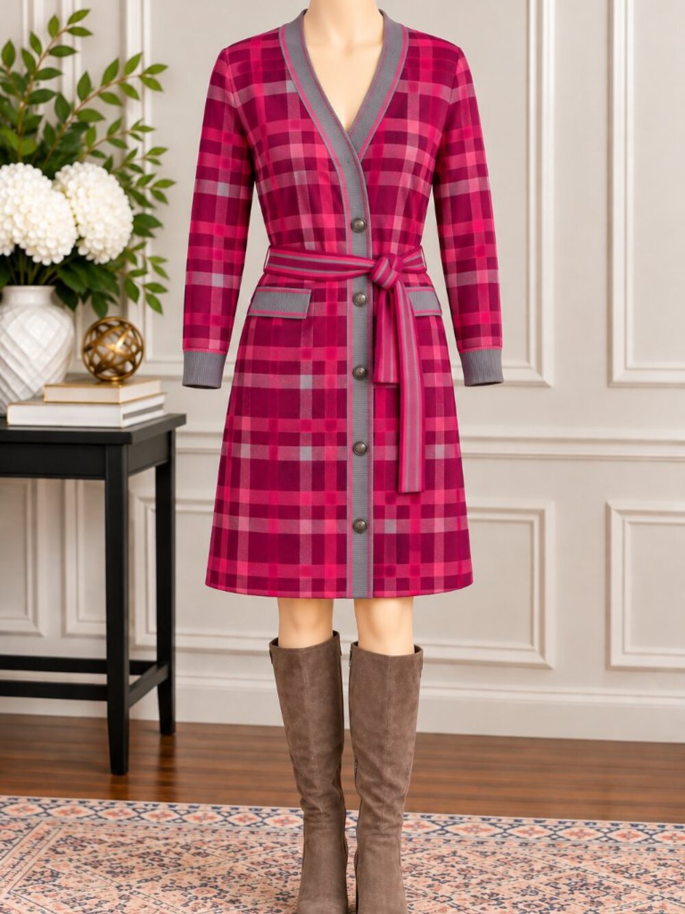 💗 New York & Company Raspberry Plaid Sweater Dress – Never Worn - Picture 2 of 6